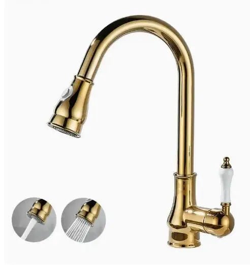 Antique Brass Kitchen Faucets Single Handle Pull Out Mixer Tap Deck Mounted - Design Hoard