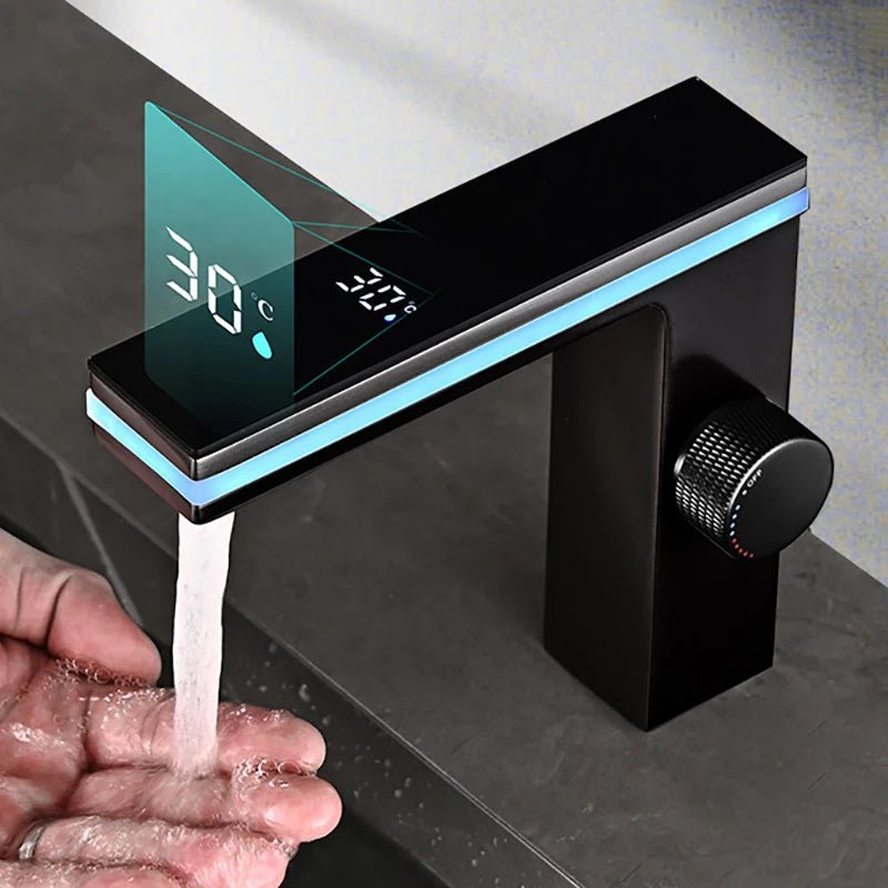 Modern Hot Sale Luxury LED Digital Smart Bathroom Faucet with Lamp Brass Single Lever Black Mixer Water Sink Wash Basin Faucets - Design Hoard