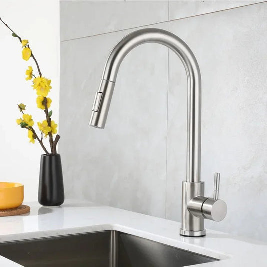 Modern Single Handle Kitchen Faucet Pull Down Sink Tap with Ceramic Valve Pull Out Sprayer - Design Hoard